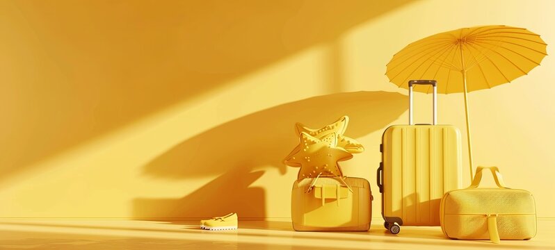 Summer vacation 3d illustration with suitcase and bag, sun umbrella, yellow monochrome. Vector illustration