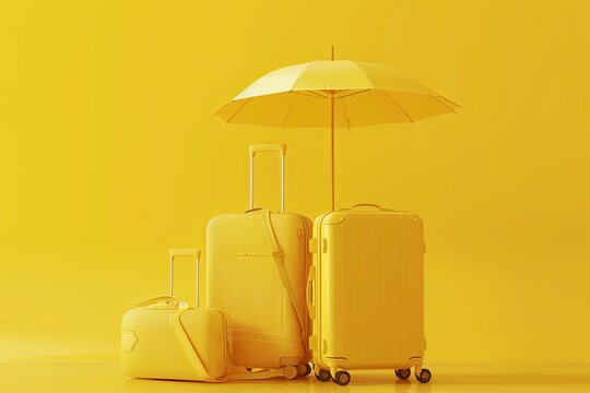 Summer vacation 3d illustration with suitcase and bag, sun umbrella, yellow monochrome. Vector illustration