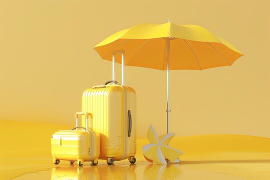 Summer vacation 3d illustration with suitcase and bag, sun umbrella, yellow monochrome. Vector illustration