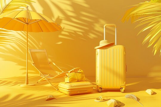 Summer vacation 3d illustration with suitcase and bag, sun umbrella, yellow monochrome. Vector illustration