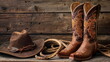 Fancy cowgirl boots with a cowboy hat and lasso rope background a wooden wall