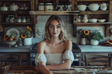 Young Caucasian Woman Posing by Rustic Wooden Table in Kitchen Setting