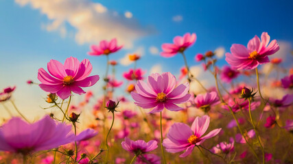 Wall Mural - Beautifully blooming tulips on the background of a bright blue sky.