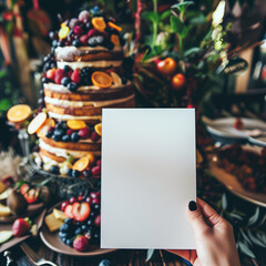 Wall Mural - someone holding a piece of paper in front of a table full of food