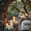 candles are lit on a tree stump with pillows and pillows