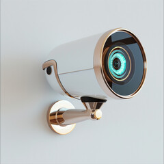 there is a white camera mounted on a wall with a green eye