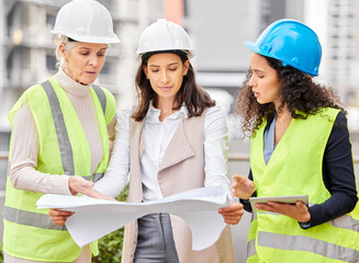 Poster - Engineering, women or blueprint for construction site, teamwork or architecture with conversation. Group, staff or leader with employees, documents or floor plan with contractor, review or industrial