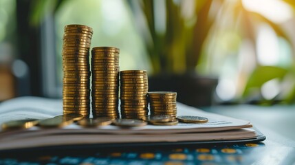 Wall Mural - Ascending coins and ledger book displaying financial growth - A strategic banking and finance concept illustrating progressive success steps in business