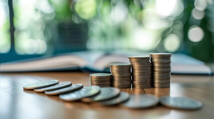 Wall Mural - Ascending coins and ledger book displaying financial growth - A strategic banking and finance concept illustrating progressive success steps in business