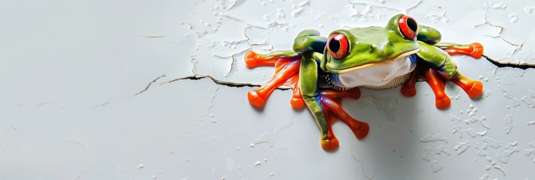 Banner, tropic frog muzzle in a broken white wall, funny face meme, white background