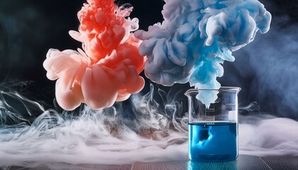 In a controlled environment, two chemicals mix, resulting in a fascinating display of colors and cloud formations, demonstrating chemistry in action