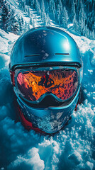 Strategically positioned near the top of the image, vibrant and reflective snowboarding goggles next to a matching protective helmet,