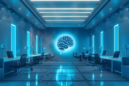A blue room with laptops and a brain-shaped structure in the center, symbolizing artificial intelligence technology concepts