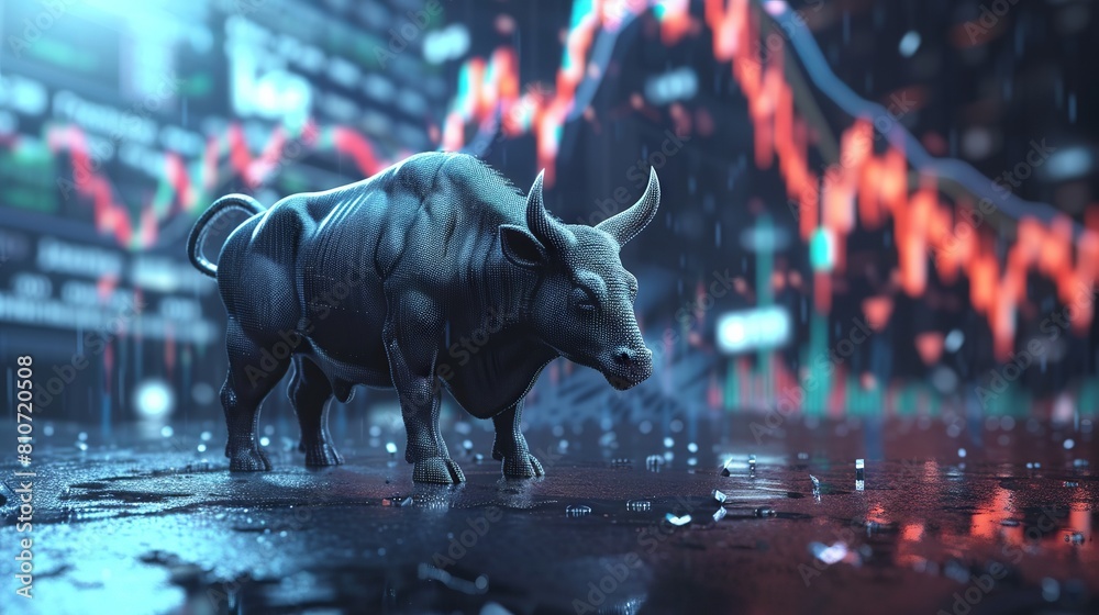 Dynamic financial district scene with graphs depicting bull market ...