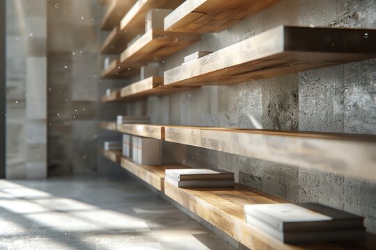 Highlight the artistic details of custom shelving in a digital rendering, emphasizing the interplay of light and shadows on the unique shapes and textures, Digital Rendering Techniques eg, CG 3D rende
