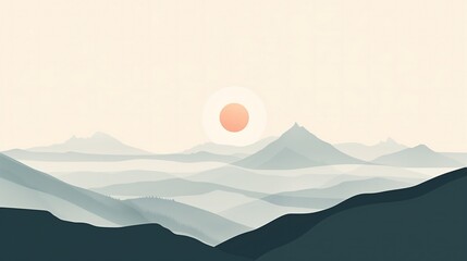 Fototapeta obraz przedstawia pasmo górskie z słońcem w oddali. słońce delikatnie oświetla szczyty gór, tworząc kontrast między światłem a cieniem