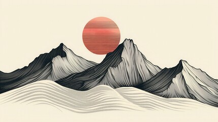Fototapeta na rysunku widoczne są góry z czerwonym słońcem w tle. linie są proste i minimalistyczne, a skala jest standardowa