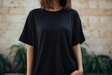 a girl wearing an oversized black t-shirt for mockup