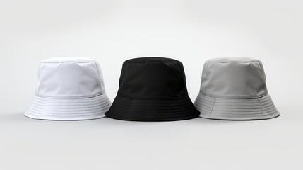 three bucket hats white, grey and black for mockup on white background