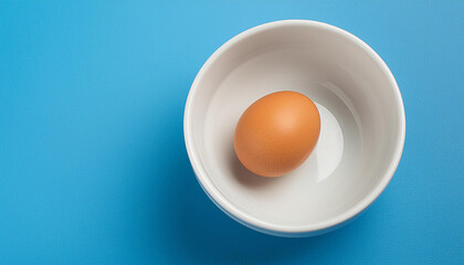 Single egg in the white bowl with blue background, copyspace on a side