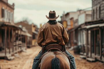 Generative AI picture Portrait of wild west retro movie western city town with cowboys and cowgirls and horses