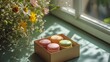 French Delicacies: Open Gift Box with Macaroons and Pastel Flowers. Generative AI