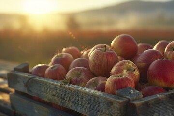 Wall Mural - Closeup of a wooden crate filled with fresh red apples on a table, illuminated by a soft warm sunset light