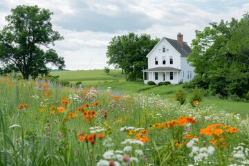 Wall Mural - A white house stands on a vibrant green field, surrounded by colorful wildflowers