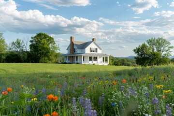 A large white house standing in a vibrant green field with colorful wildflowers, a striking contrast against the natural backdrop