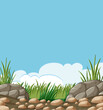 Vector illustration of rocks and grass under blue sky