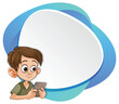 Cartoon boy using smartphone, blank speech bubble