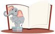 Cartoon elephant reading an open book illustration