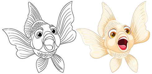 Wall Mural - Two styles of goldfish, colorful and line art