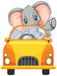 Cartoon elephant driving a vibrant yellow car