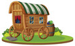 Illustration of a quaint wooden caravan with barrel