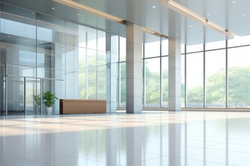 Wall Mural - Blurred business office background. Lobby reception hall interior or empty indoor foyer meeting room with light from glass wall window