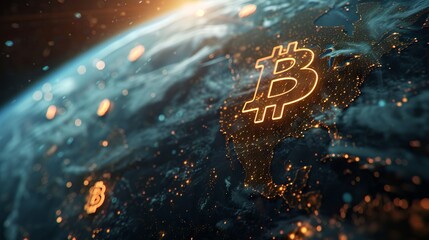 Wall Mural - Global technology vista: a 3d illustration of earth from space highlighting cryptocurrency and bitcoin terminology - a conceptual visualization of crypto e-business