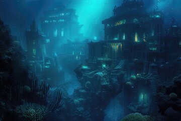 Wall Mural - An underwater city with bioluminescent coral, schools of colorful fish, and ancient ruins, all illuminated by the eerie glow of an underwater volcano. Resplendent.