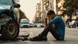 depressed man sitting on the road next to crushed car in the city street, car insurance concept
