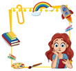 Young girl surrounded by colorful creative objects