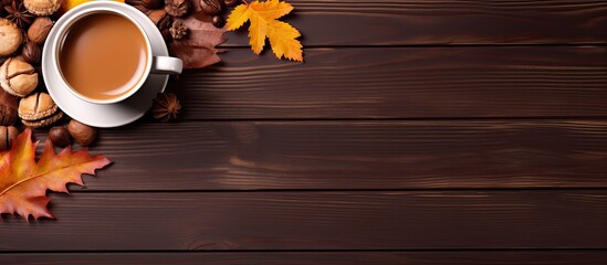 Aufkleber - Autumn themed flat lay with dried leaves chestnuts and a hot coffee drink It features a cozy cafe and bar setting captured from a top view for a copy space image