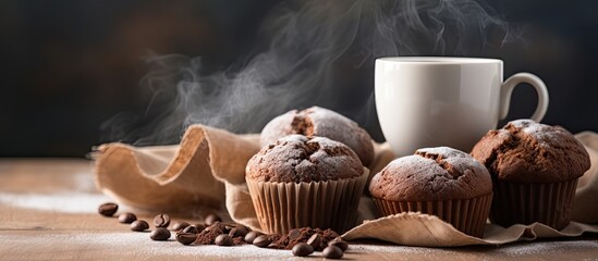 Aufkleber - Delicious homemade chocolate muffins and a steaming cup of white coffee sitting on a gray table background creating a delightful breakfast treat Ample copy space available for additional elements or
