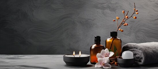 Canvas Print - A tranquil spa concept is showcased in a relaxing image featuring spa accessories on a grey background with a closeup view and copy space available