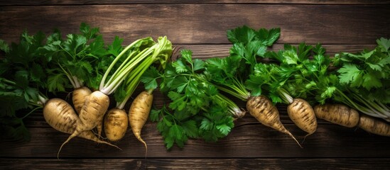 Aufkleber - A rustic wooden table is adorned with a bountiful display of fresh ripe parsnips and vibrant green leaves This delightful arrangement forms a flat lay leaving ample space for the addition of text
