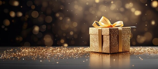 Aufkleber - A golden gift box designed for a Merry Christmas and Happy New Year concept with the intention of providing a textured background for copy space images