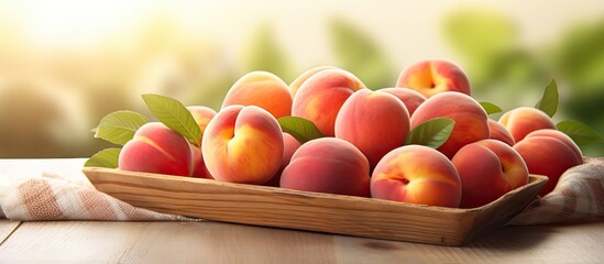 Poster - A pile of fresh organic peaches is showcased on a wooden tray with rope handles sitting on a white wood textured table It represents local produce promoting clean eating The image provides a close up