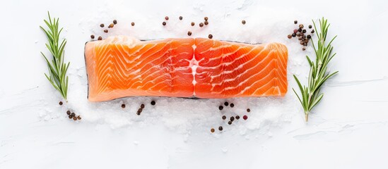 Poster - A top down view of a raw salmon fillet seasoned with sea salt and rosemary placed on a white table with ample copy space image