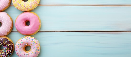Poster - Sweet donuts with icing on a pastel blue wooden background providing an appealing copy space image