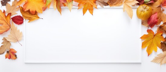 Poster - Top view of a tropical themed composition featuring a frame composed of golden autumn leaves on a white watercolor backdrop The image offers ample copy space