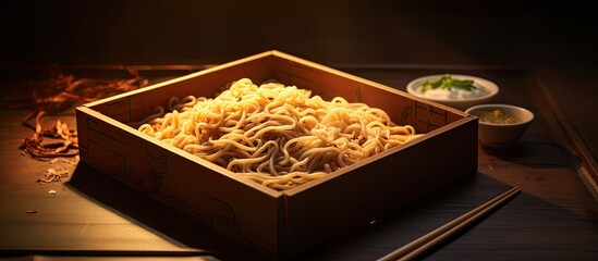 Aufkleber - Noodles in a box served with food sticks and sauces allowing for a visually appealing copy space image